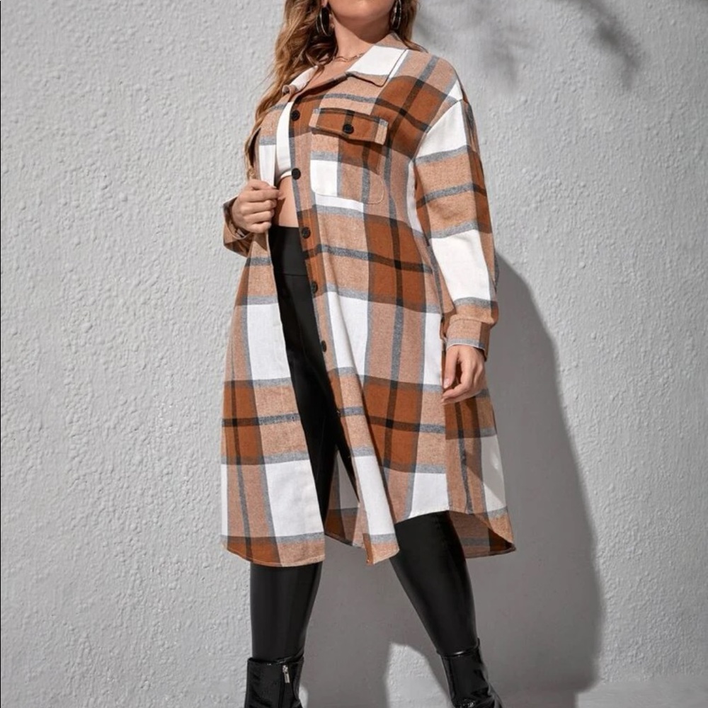 Plus Size Plaid Pocket Light Jacket Shacket Long Shirt Green BELT NOT INCLUDED - Picture 14 of 16